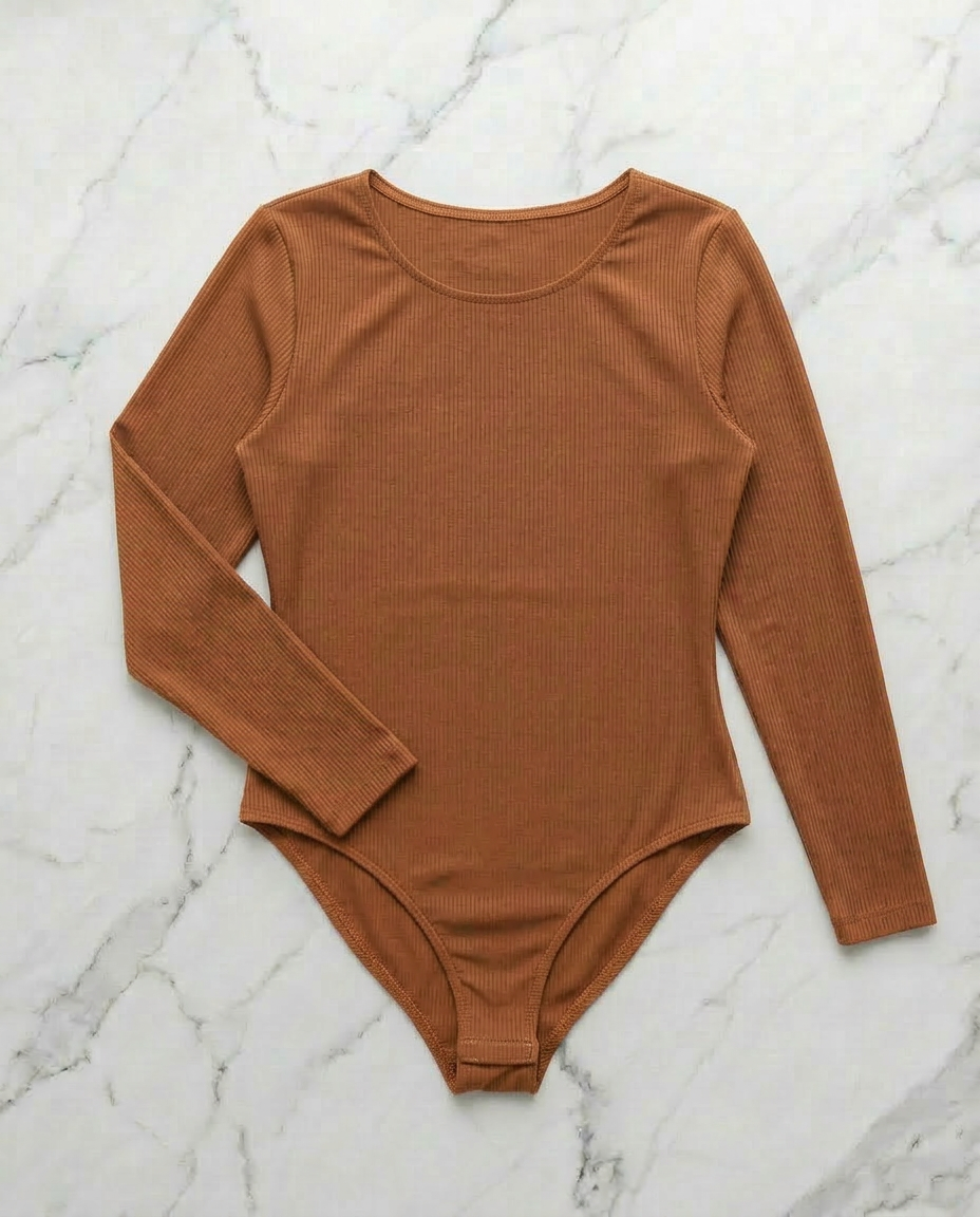 Long-sleeved ribbed bodysuit - Camel