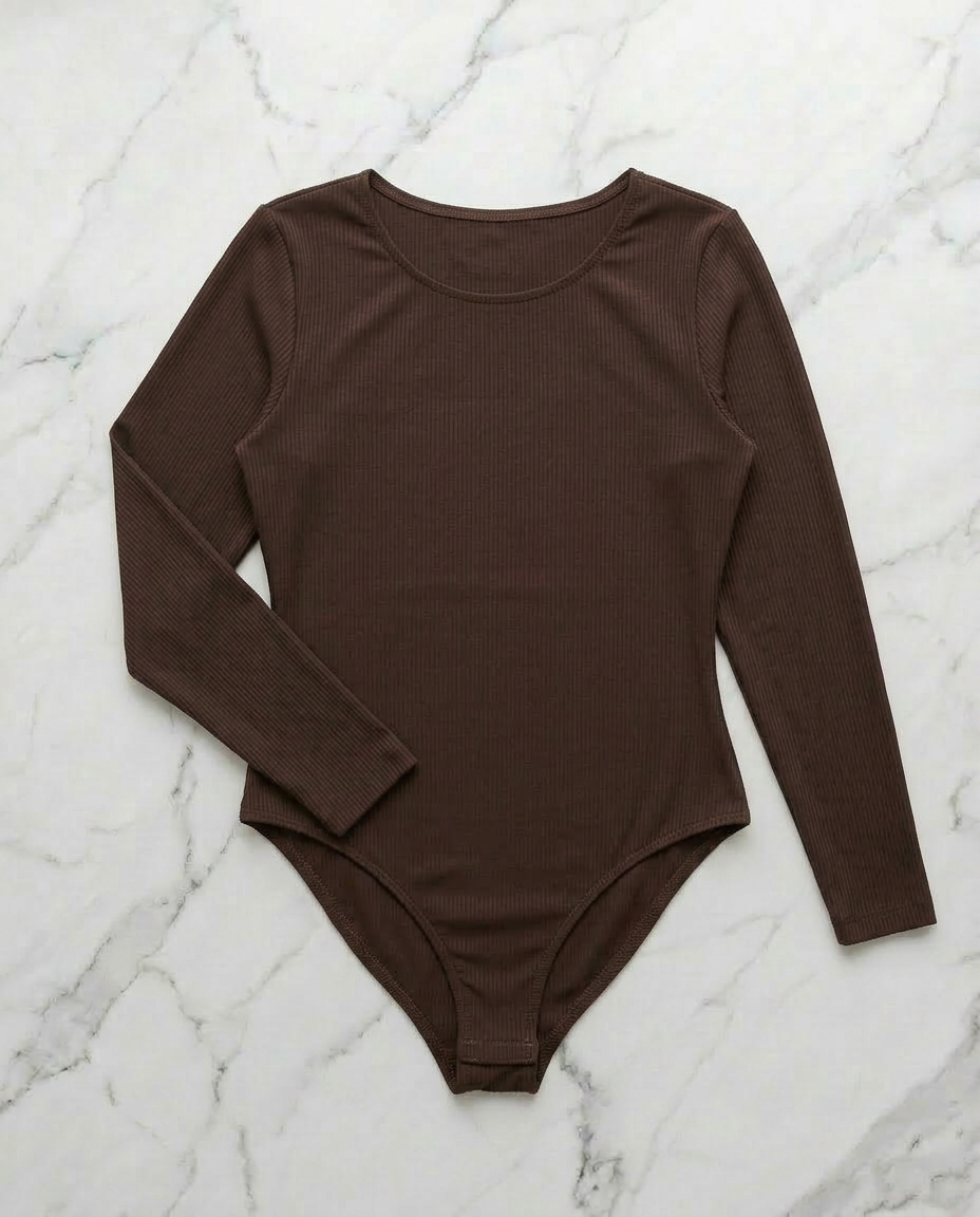 Long-sleeved ribbed bodysuit - Coffee
