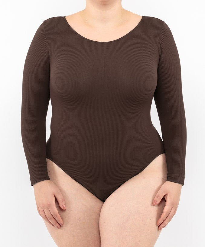Long-sleeved ribbed bodysuit - Coffee