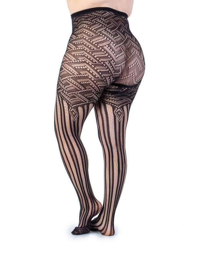 Dettaglio Fantasia Chevron Collant a Rete Nero Curvy | Leela Lab
