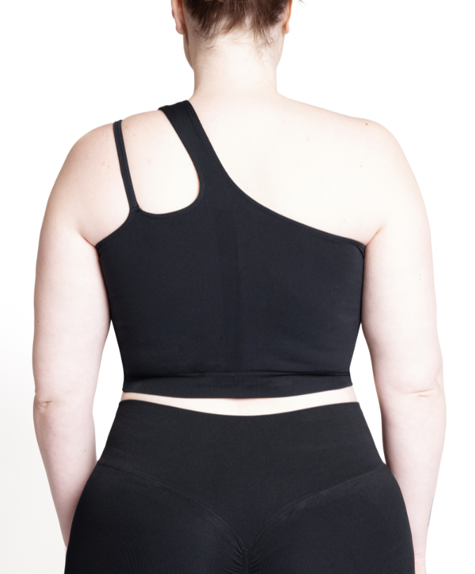 Dettaglio Reggiseno Sportivo Monospalla Nero Curvy Dietro | Leela Lab